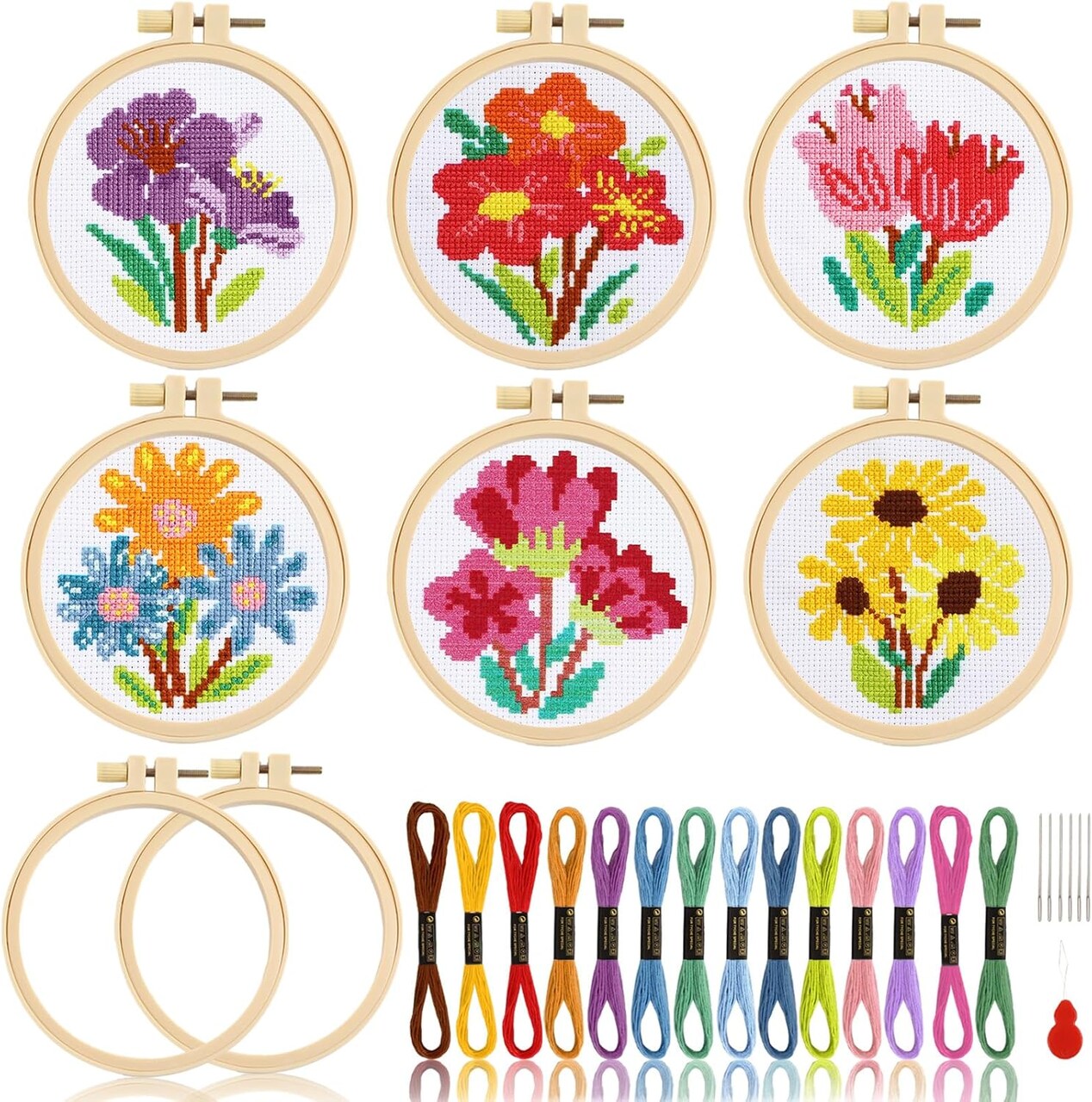 6PCS Flower Cross Stitch Kits for Beginners DIY Embroidery Kit for Kids Adults Christmas New Year Birthday Gift Needlepoint Patterns with 2 Embroidery Hoops Craft Supplies
